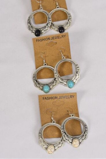 Earrings Metal Antique Semiprecious Stone / 12 pair = Dozen Fish Hook , Size - 1.5" x 1.25" Wide , 4 Black , 4 Ivory , 4 Turquoise Asst , Earring Card & OPP Bag & UPC Code