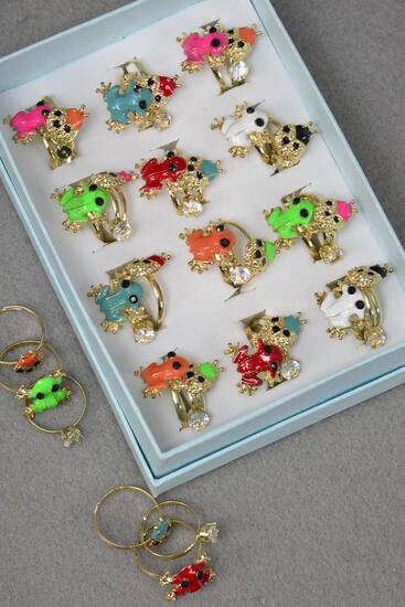 Rings 36 pcs Multi Enamel Frog Ladybug Diamond Rings Mix / 36 pcs Rings = Display Adjustable , 2 of each Color Mix , 1Dz Velvet Display Window Box & OPP bag & UPC code