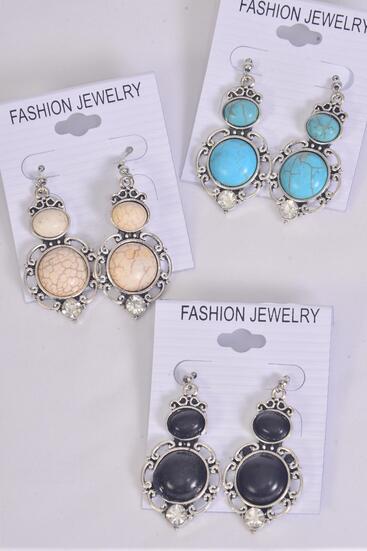 Earrings Metal Antique Dangle Semiprecious Stone / 12 pair = Dozen Fish Hook , Size - 1.25" x 1" Wide , 4 Black , 4 Ivory , 4 Turquoise Asst , Earring Card & OPP Bag & UPC Code -