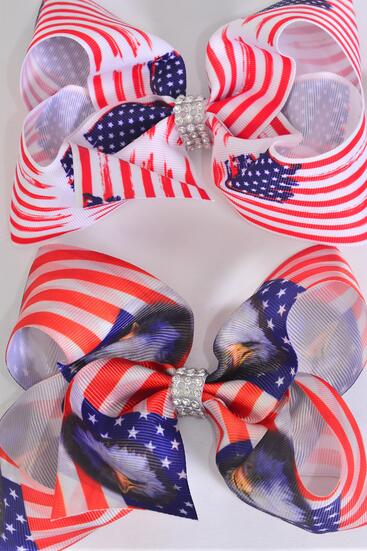 Hair Bow Jumbo Patriotic Flag Eagle Grosgrain Bow-tie / 12 pcs Bow = Dozen Alligator Clip , Bow - 6" x 5" Wide , 6 of each Pattern Asst , Clip Strip & UPC Code