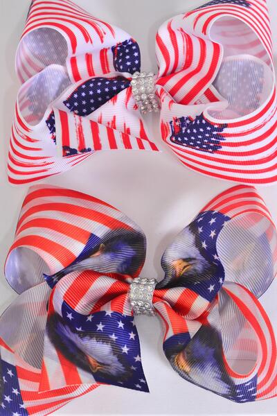 Hair Bow Jumbo Patriotic Flag Eagle Grosgrain Bow-tie / 12 pcs Bow = Dozen Alligator Clip , Bow - 6" x 5" Wide , 6 of each Pattern Asst , Clip Strip & UPC Code