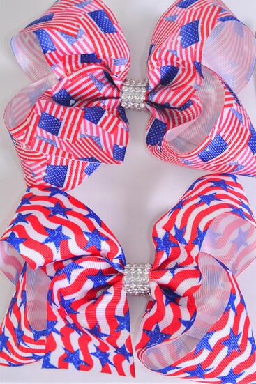 Hair Bow Jumbo Patriotic Flag Star Mix Grosgrain Bow-tie / 12 pcs Bow = Dozen  Alligator Clip ,  Bow - 6" x 5" Wide , 6 of each Pattern Asst , Clip Strip & UPC Code