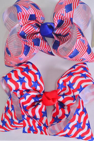 Hair Bow Jumbo Flag Star Pattern Mix Grosgrain Bow-tie / 12 pcs Bow = Dozen Alligator Clip , Bow - 6" x 5" Wide , 6 of each Pattern Asst , Clip Strip & UPC Code