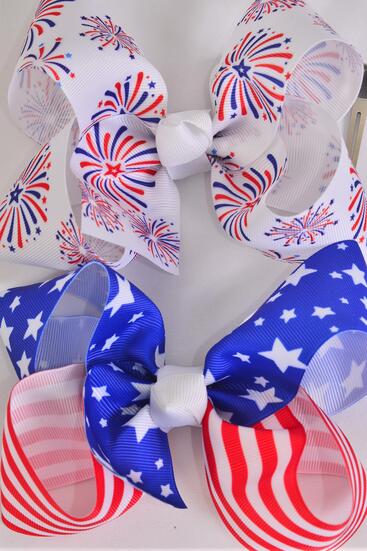 Hair Bow Jumbo Patriotic Flag  Firework Mix Grosgrain Bow-tie / 12 pcs Bow = Dozen Alligator Clip , Bow - 6" x 5" Wide , 6 Of Each Pattern Asst , Clip Strip & UPC Code
