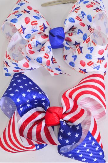 Hair Bow Jumbo Patriotic Flag USA Pattern Mix Grosgrain Bow-tie / 12 pcs Bow = Dozen Alligator Clip , Bow - 6" x 5" Wide , 6 of each Pattern Asst , Clip Strip & UPC Code