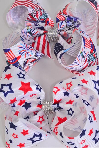 Hair Bow Jumbo Liberty Flag Star Firework Mix Grosgrain Bow-tie / 12 pcs Bow = Dozen Alligator Clip , Bow - 6" x 5" Wide , 6 of each Pattern Asst , Clip Strip & UPC Code