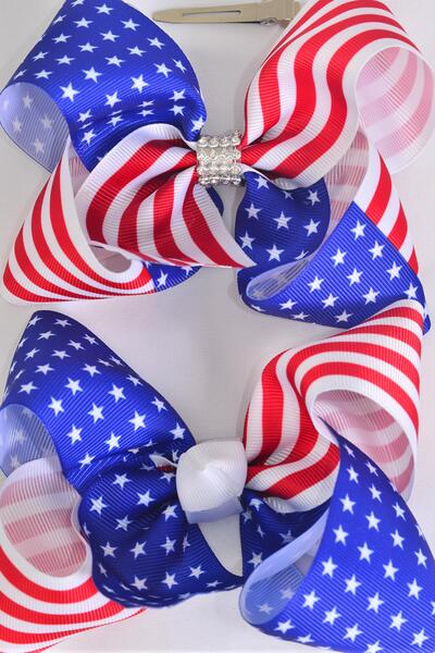 Hair Bow Jumbo Patriotic Flag Grosgrain Bow-tie / 12 pcs Bow = Dozen Alligator Clip , Bow - 6" x 5" Wide , Clip Strip & UPC Code