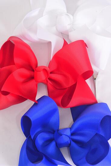 Hair Bow Jumbo Red White Royal Blue Mix Grosgrain Bow-tie / 12 pcs Bow = Dozen Alligator Clip , Size - 6" x 5" Wide , 4 of each Pattern Asst , Clip Strip & UPC Code