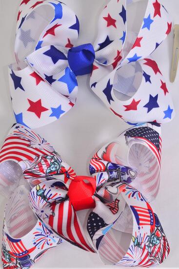 Hair Bow Jumbo Patriotic Flag Star Firework Mix Grosgrain Bow-tie / 12 pcs Bow = Dozen Alligator Clip ,  Bow - 6" x 5" Wide , 6 of each Pattern Asst , Clip Strip & UPC Code