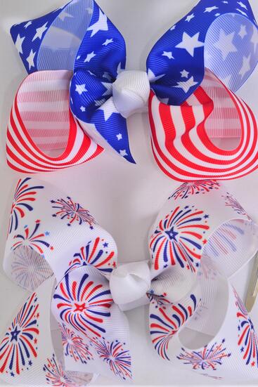 Hair Bow Jumbo Patriotic Flag  Firework Mix Grosgrain Bow-tie / 12 pcs Bow = Dozen Alligator Clip , Bow - 6" x 5" Wide , 6 Of Each Pattern Asst , Clip Strip & UPC Code