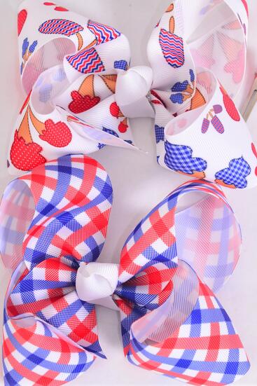 Hair Bow Jumbo Patriotic Plaid Treat ice Cream Popcicle Pattern Mix Grosgrain Bow-tie / 12 pcs BTreats ow = Dozen Alligator Clip , Bow - 6" x 5" Wide , 6 Of Each Pattern Asst , Clip Strip and UPC Code