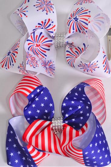 Hair Bow Jumbo Patriotic Firework Flag Pattern Mix Grosgrain Bow-tie / 12 pcs Bow = Dozen Alligator Clip , Bow - 6" x 5" Wide , 6 Of Each Pattern Asst , Clip Strip & UPC Code