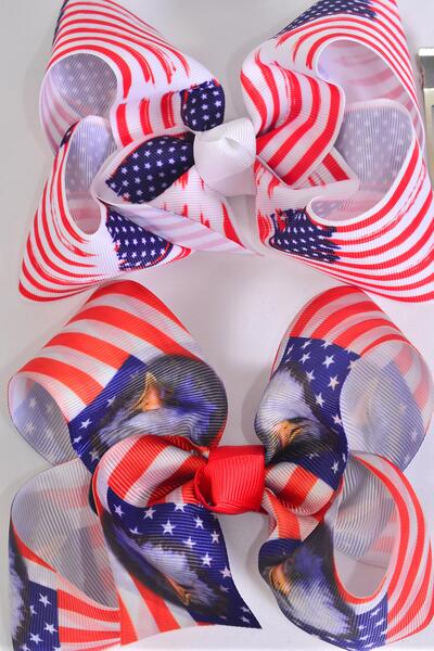 Hair Bow Jumbo Patriotic Flag Eagle Pattern Mix Grosgrain Bow-tie / 12 pcs Bow = Dozen Alligator Clip , Bow - 6" x 5" Wide , 6 of each Pattern Asst , Clip Strip & UPC Code