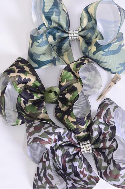 Hair Bow Jumbo Camo Grosgrain Bow-tie / 12 pcs Bow = Dozen Camo , Alligator Clip , Size - 6" x 5" Wide , 4 Of Each Pattern Asst , Hang Tag & UPC Code