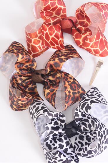 Hair Bow Jumbo Leopard Giraffe Pattern Mix Grosgrain Bow-tie / 12 pcs Bow = Dozen Alligator Clip , Size - 6" x 5" Wide , 4 of each Pattern Asst , Clip Strip & UPC Code