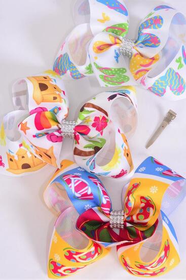 Hair Bow Jumbo Sandcastle Flip Flop Pam Tree Etc Mix Grosgrain Bow-tie / 12 pcs Bow = Dozen Alligator Clip , Size - 6" x 5" Wide , 4 Of each Pattern Asst , Clip Strip & UPC Code