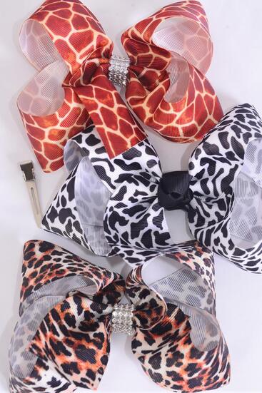 Hair Bow Jumbo Safari Leopard Giraffe Pattern Mix Grosgrain Bow-tie / 12 pcs Bow = Dozen Alligator Clip , Size - 6" x 5" Wide , 6 Of Each Pattern Asst , Clip Strip & UPC Code
