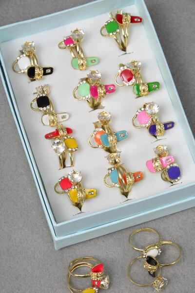 Rings 36 pcs Enamel Sleeper Purse Diamond Ring Mix / 36 pcs Rings = Disply Adjustable , 2 of each Color Mix , 1 Dz Velvet Display Window Box & OPP bag & UPC code 