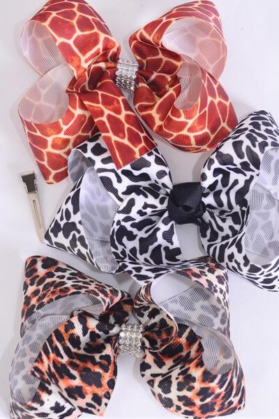 Hair Bow Jumbo Safari Leopard Giraffe Pattern Mix Grosgrain Bow-tie / 12 pcs Bow = Dozen Alligator Clip , Size - 6" x 5" Wide , 6 Of Each Pattern Asst , Clip Strip & UPC Code