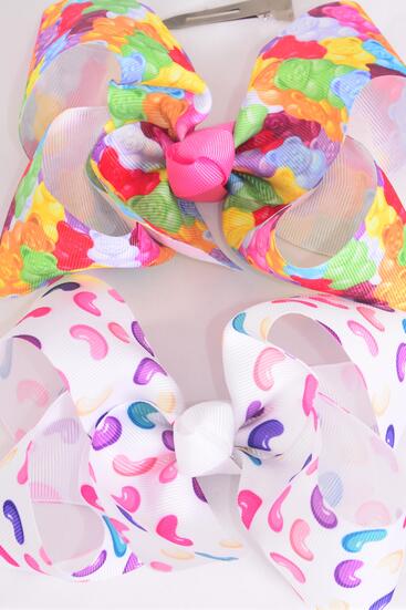 Hair Bow Jumbo Jelly Bean Gummy Bear Candies Mix Grosgrain Bow-tie / 12 pcs Bow = Dozen Alligator Clip , Size - 6" x 5" Wide , 6 Of Each Pattern Asst , Clip Strip & UPC Code