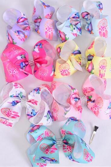 Hair Bow Jumbo Dream Catcher w Unicorn Grosgrain Bow-tie / 12 pcs Bow = Dozen Alligator Clip , Size - 6" x 5" , 2 White , 2 Baby Pink , 2 Lavender , 2 Blue , 2 Yellow , 1 Peach , 1 Mint Green Color Asst , Clip Strip & UPC Code