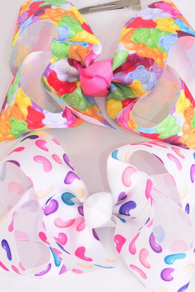 Hair Bow Jumbo Jelly Bean Gummy Bear Candies Mix Grosgrain Bow-tie / 12 pcs Bow = Dozen Alligator Clip , Size - 6" x 5" Wide , 6 Of Each Pattern Asst , Clip Strip & UPC Code