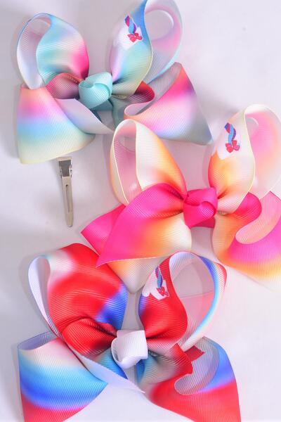 Hair Bow Jumbo Unicorn Gradient Tie-dye Grosgrain Bow-tie / 12 pcs Bow = Dozen  Unicorn , Alligator Clip , Size - 6" x 5" Wide , 4 of each Pattern Asst , Clip Strip & UPC Code