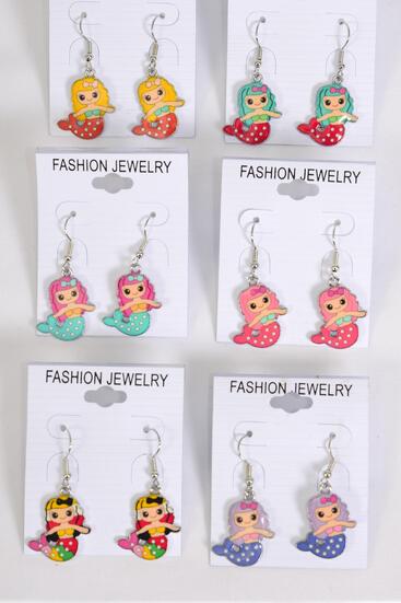 Earrings Mermaid Enamel Color Asst Multi / 12 pair = Dozen match 25018 20483 Fish Hook , 2 Of each Pattern Asst , Earring Card & OPP Bag & UPC Code