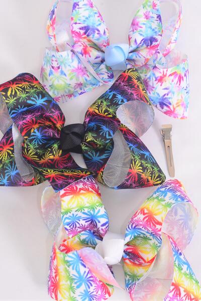 Hair Bow Jumbo Pam Tree Grosgrain Bow-tie / 12 pcs Bow = Dozen  Alligator Clip , Bow - 6" x 5" Wide , 4 of each Pattern Asst , Clip Strip & UPC Code