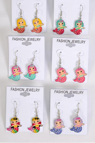 Earrings Mermaid Enamel Color Asst Multi / 12 pair = Dozen match 25018 20483 Fish Hook , 2 Of each Pattern Asst , Earring Card & OPP Bag & UPC Code
