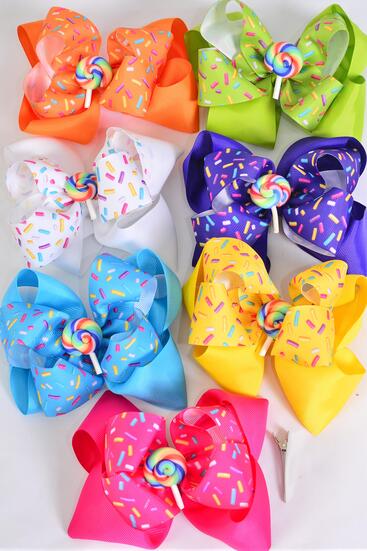 Hair Bow Jumbo Double Layered Sprinkles w Lollipop Charm Grosgrain Bow-tie Multi / 12 pcs Bow = Dozen Alligator Clip , Bow Size - 6" x 5" , 2 White , 2 Fuchsia , 2 Purple , 2 Yellow , 2 Blue , 1 Lime , 1 Orange Color Asst , Hang Tag & OPP Bag