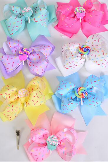 Hair Bow Jumbo Double Layered Sprinkles Lollipop Charm Grosgrain Bow-tie / 12 pcs Bow = Dozen Alligator Clip , Size - 6" x 5" , 2 White , 2 Baby Pink , 2 Lavender , 2 Hot Pink , 2 Mint Green, 1 Blue , 1 Yellow Color Asst , Clip Strip & UPC Code