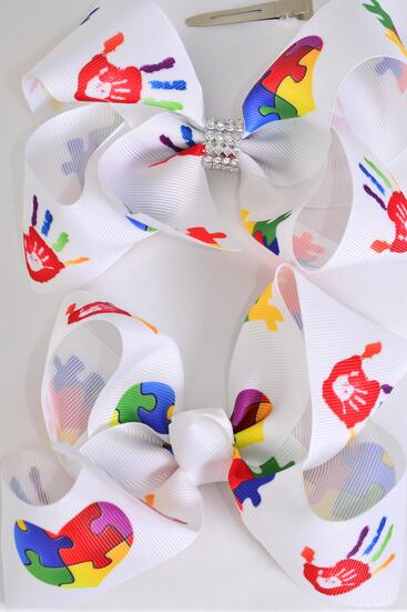 Hair Bow Jumbo Autism Grosgrain Bow-tie / 12 pcs Bow = Dozen  Autism , Alligator Clip , Size - 6" x 5" Wide , Clip Strip and UPC Code