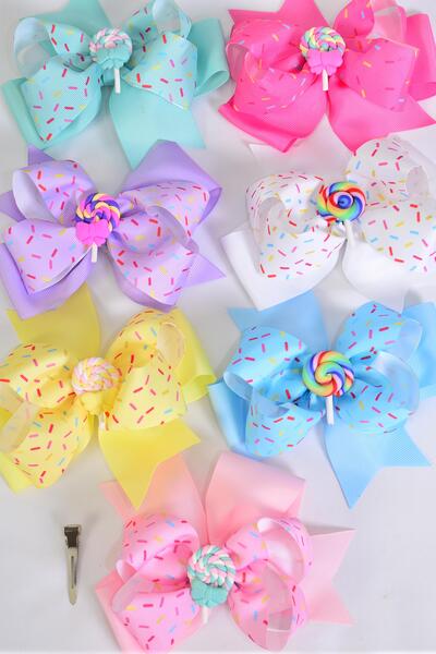 Hair Bow Jumbo Double Layered Sprinkles Lollipop Charm Grosgrain Bow-tie / 12 pcs Bow = Dozen Alligator Clip , Size - 6" x 5" , 2 White , 2 Baby Pink , 2 Lavender , 2 Hot Pink , 2 Mint Green, 1 Blue , 1 Yellow Color Asst , Clip Strip & UPC Code
