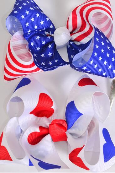 Hair Bow Jumbo Patriotic Flag Heart Mix Grosgrain Bow-tie / 12 pcs Bow = Dozen  Alligator Clip , Bow - 6" x 5" Wide , 6 of each Pattern Asst , Clip Strip and UPC Code