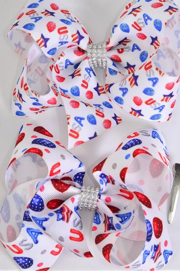 Hair Bow Jumbo Patriotic USA Grosgrain Bow-tie / 12 pcs Bow = Dozen Alligator Clip , Bow - 6" x 5" Wide , 6 of each Pattern Asst , Clip Strip and UPC Code