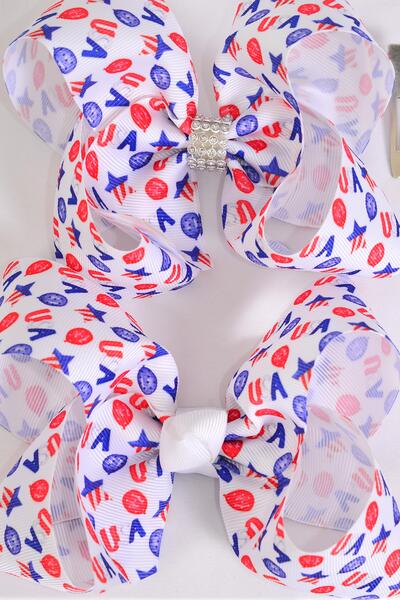Hair Bow Jumbo Patriotic USA Grosgrain Bow-tie / 12 pcs Bow = Dozen Alligator Clip , Size - 6" x 5" Wide , 6 Of each Pattern Mix , Clip Strip & UPC Code