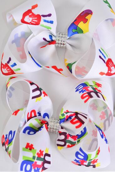 Hair Bow Jumbo Autism Grosgrain Bow-tie /  12 pcs Bow = Dozen Autism , Alligator Clip , Size - 6" x 5" Wide , 6 Of each Pattern Asst , Clip Strip and UPC Code