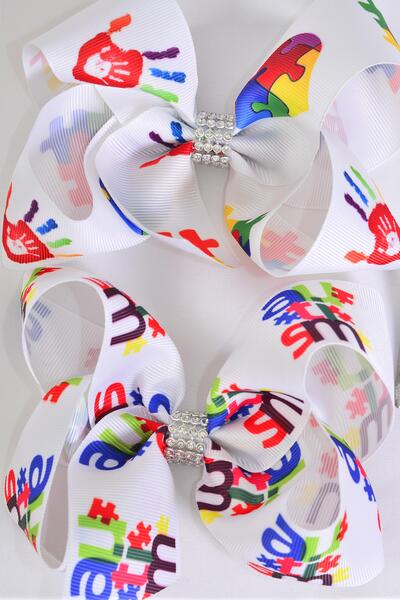 Hair Bow Jumbo Autism Grosgrain Bow-tie /  12 pcs Bow = Dozen Autism , Alligator Clip , Size - 6" x 5" Wide , 6 Of each Pattern Asst , Clip Strip and UPC Code