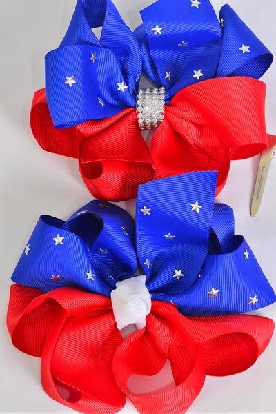 Hair Bow Jumbo Patriotic Silver Star Studded Grosgrain Bow-tie / 12 pcs Bow = Dozen Alligator Clip , Bow - 6" x 5" Wide , Clip Strip & UPC Code