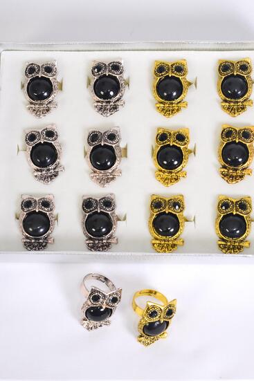 Rings Owl Black Poly Adjustable Gold Silver Color Asst / 12 pcs = Dozen Adjustable , Owl Size - 1.25" x 0.75" Wide , 6 Gold , 6 Silver Color Mix , 1 Dz Velvet Ring Display Window Box , W OPP Bag & UPC Code