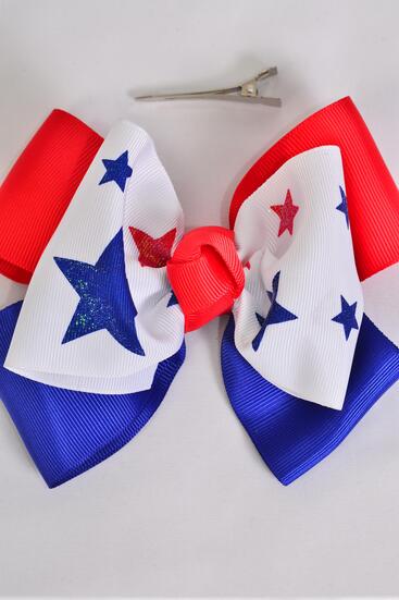 Hair Bow Jumbo Double Layered Patriotic Glitter Stars Grosgrain Bow-tie / 12 pcs Bow = Dozen Alligator Clip , Size - 6" x 5" Wide , Clip Strip & UPC Code