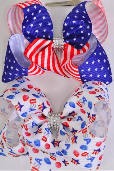 Hair Bow Jumbo Patriotic Flag USA Pattern Mix Grosgrain Bow-tie / 12 pcs Bow = Dozen Alligator Clip , Bow - 6" x 5" Wide , 6 of each Pattern Asst , Clip Strip & UPC Code