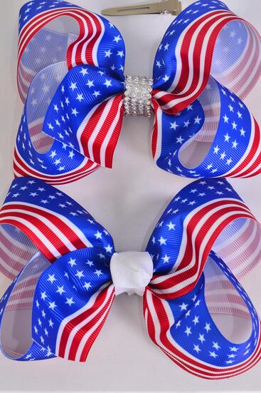Hair Bow Jumbo Patriotic Flag Grosgrain Bow-tie / 12 pcs Bow = Dozen Alligator Clip , Bow - 6" x 5" Wide , Clip Strip & UPC Code