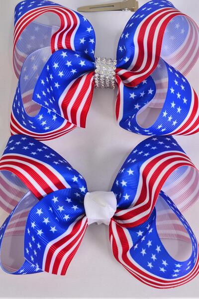Hair Bow Jumbo Patriotic Flag Grosgrain Bow-tie / 12 pcs Bow = Dozen Alligator Clip , Bow - 6" x 5" Wide , Clip Strip & UPC Code