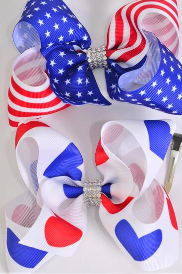 Hair Bow Jumbo Patriotic Flag Heart Mix Grosgrain Bow-tie / 12 pcs Bow = Dozen  Alligator Clip , Bow - 6" x 5" Wide , 6 of each Pattern Asst , Clip Strip and UPC Code