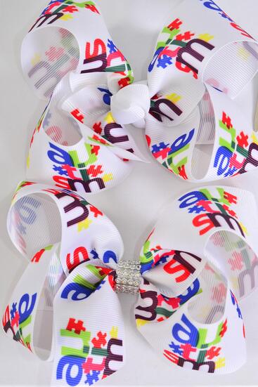 Hair Bow Jumbo Autism Grosgrain Bow-tie / 12 pcs Bow = Dozen  Autism , Alligator Clip , Size - 6" x 5" Wide , Clip Strip and UPC Code