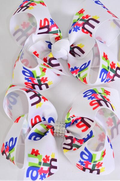 Hair Bow Jumbo Autism Grosgrain Bow-tie / 12 pcs Bow = Dozen  Autism , Alligator Clip , Size - 6" x 5" Wide , Clip Strip and UPC Code