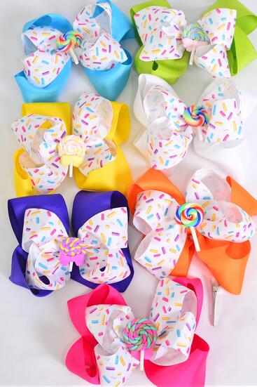 Hair Bow Jumbo Double Layered Sprinkles Lollipop Charm Citrus Grosgrain Bow-tie / 12 pcs Bow = Dozen  Alligator Clip , Bow Size - 6" x 5" Wide , 2 White , 2 Fuchsia , 2 Purple , 2 Yellow , 2 Blue, 1 Lime , 1 Orange Color Asst , Hang Tag & OPP Bag