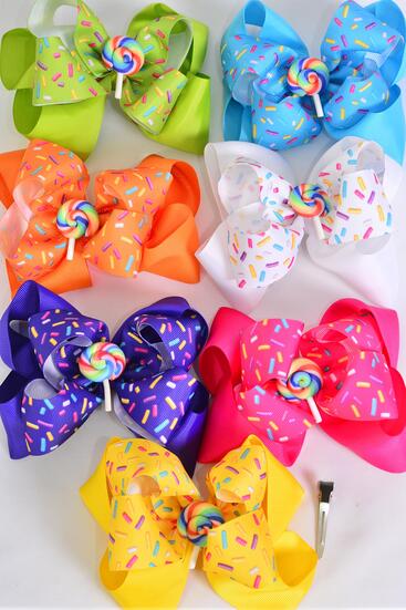 Hair Bow Jumbo Double Layered Sprinkles w Lollipop Charm Grosgrain Bow-tie Multi / 12 pcs Bow = Dozen Alligator Clip , Bow Size - 6" x 5" , 2 White , 2 Fuchsia , 2 Purple , 2 Yellow , 2 Blue , 1 Lime , 1 Orange Color Asst , Hang Tag & OPP Bag